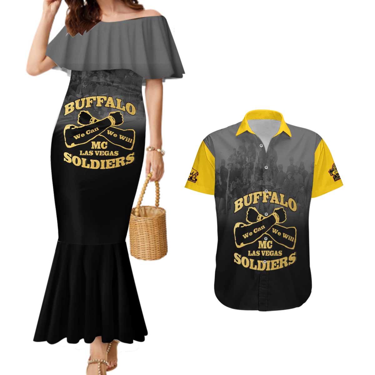 Personalized African American Buffalo Soldier Couples Matching Mermaid Dress and Hawaiian Shirt We Can We Will - Black - Wonder Print Shop