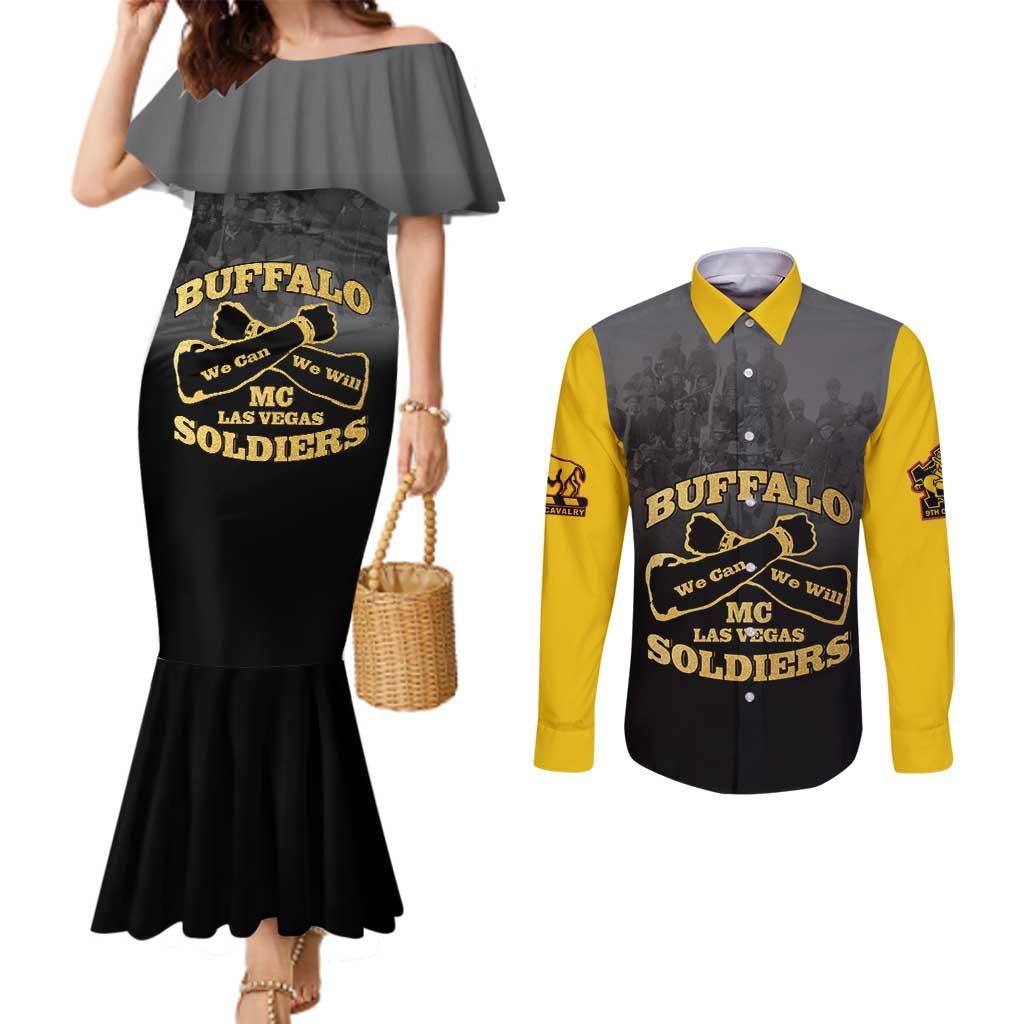 Personalized African American Buffalo Soldier Couples Matching Mermaid Dress and Long Sleeve Button Shirt We Can We Will - Black - Wonder Print Shop