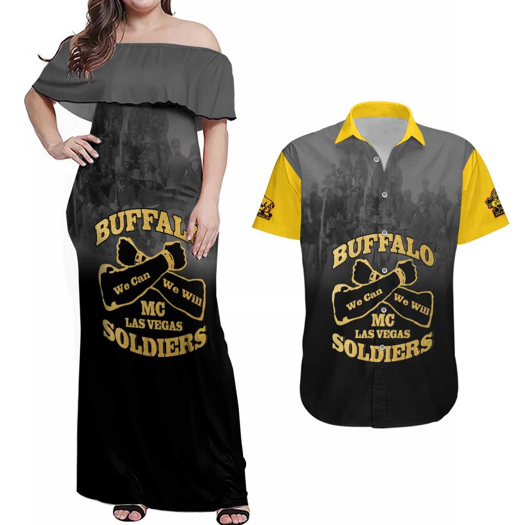 Personalized African American Buffalo Soldier Couples Matching Off Shoulder Maxi Dress and Hawaiian Shirt We Can We Will - Black - Wonder Print Shop
