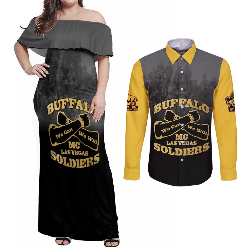Personalized African American Buffalo Soldier Couples Matching Off Shoulder Maxi Dress and Long Sleeve Button Shirt We Can We Will - Black - Wonder Print Shop