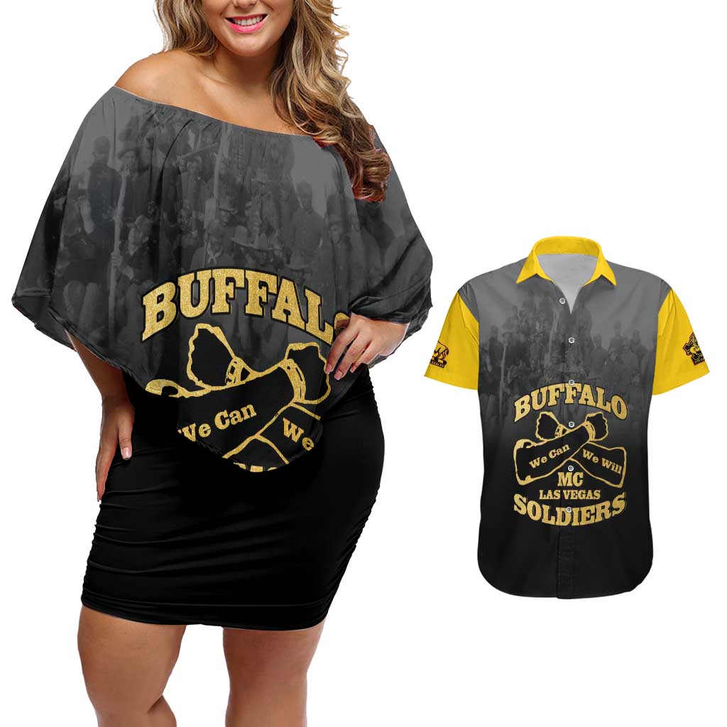 Personalized African American Buffalo Soldier Couples Matching Off Shoulder Short Dress and Hawaiian Shirt We Can We Will - Black - Wonder Print Shop