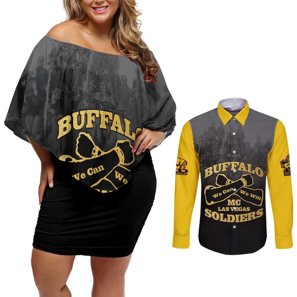 Personalized African American Buffalo Soldier Couples Matching Off Shoulder Short Dress and Long Sleeve Button Shirt We Can We Will - Black - Wonder Print Shop