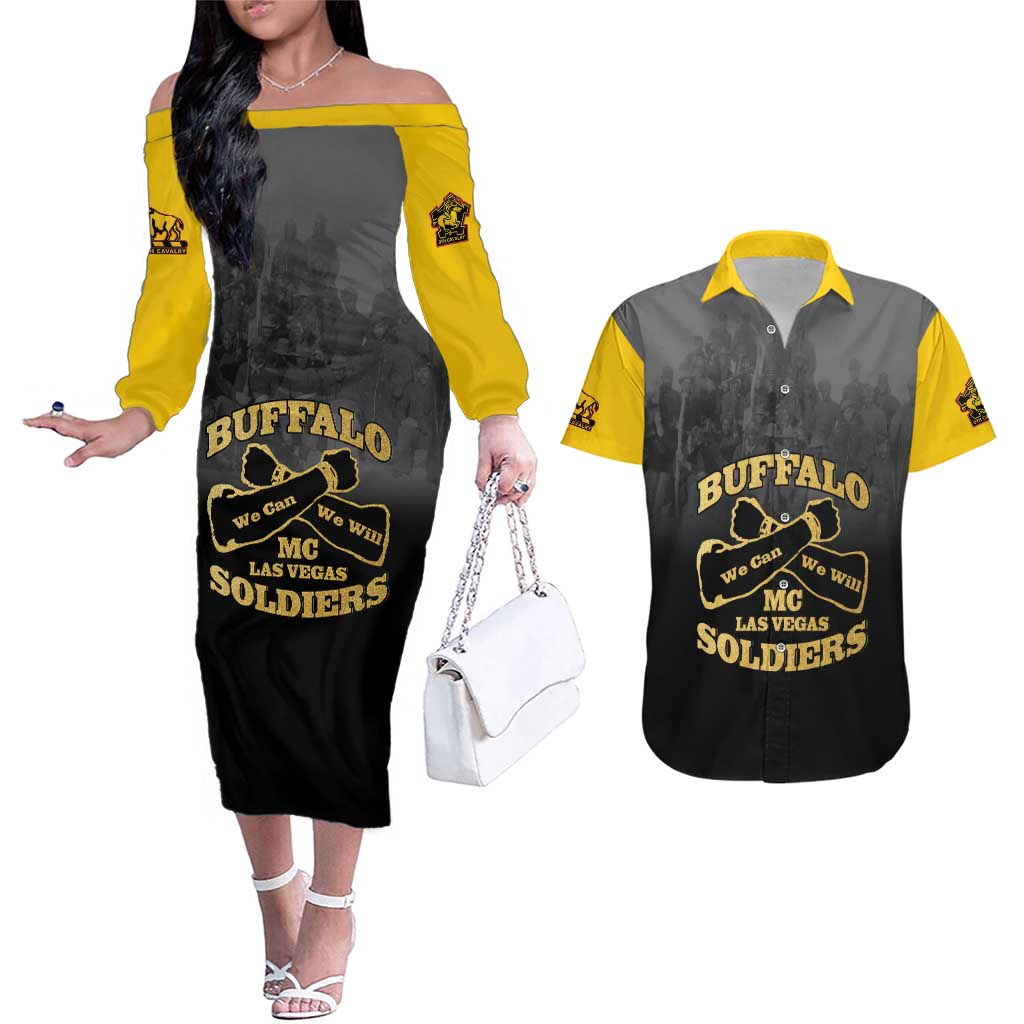 Personalized African American Buffalo Soldier Couples Matching Off The Shoulder Long Sleeve Dress and Hawaiian Shirt We Can We Will - Black - Wonder Print Shop