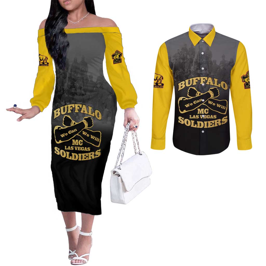 Personalized African American Buffalo Soldier Couples Matching Off The Shoulder Long Sleeve Dress and Long Sleeve Button Shirt We Can We Will - Black - Wonder Print Shop