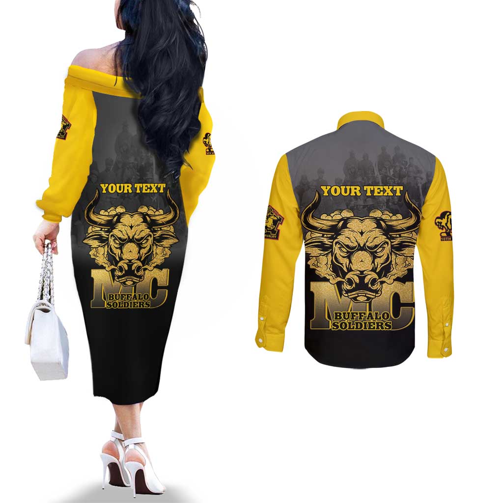 Personalized African American Buffalo Soldier Couples Matching Off The Shoulder Long Sleeve Dress and Long Sleeve Button Shirt We Can We Will - Black - Wonder Print Shop