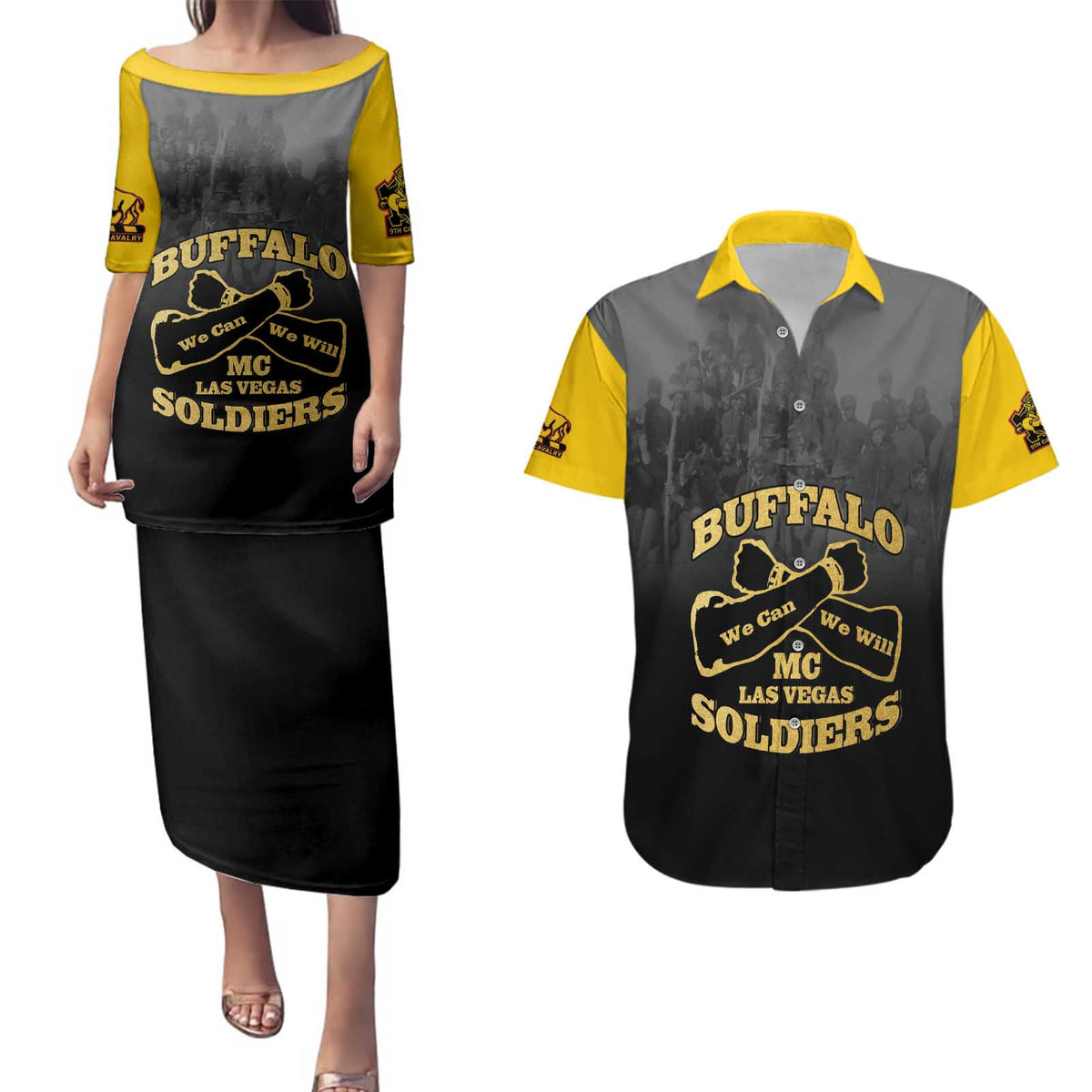 Personalized African American Buffalo Soldier Couples Matching Puletasi and Hawaiian Shirt We Can We Will - Black - Wonder Print Shop