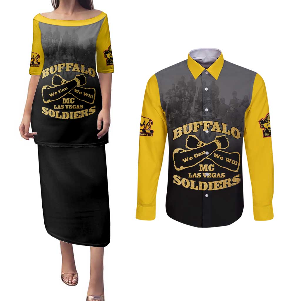 Personalized African American Buffalo Soldier Couples Matching Puletasi and Long Sleeve Button Shirt We Can We Will - Black - Wonder Print Shop