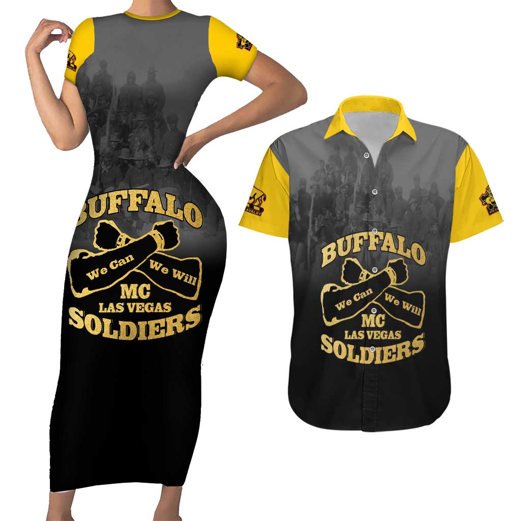 Personalized African American Buffalo Soldier Couples Matching Short Sleeve Bodycon Dress and Hawaiian Shirt We Can We Will - Black - Wonder Print Shop