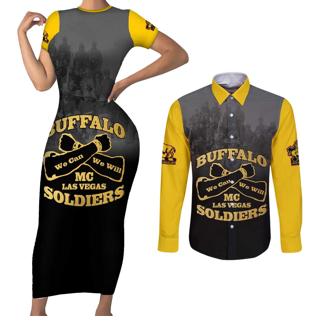 Personalized African American Buffalo Soldier Couples Matching Short Sleeve Bodycon Dress and Long Sleeve Button Shirt We Can We Will - Black - Wonder Print Shop