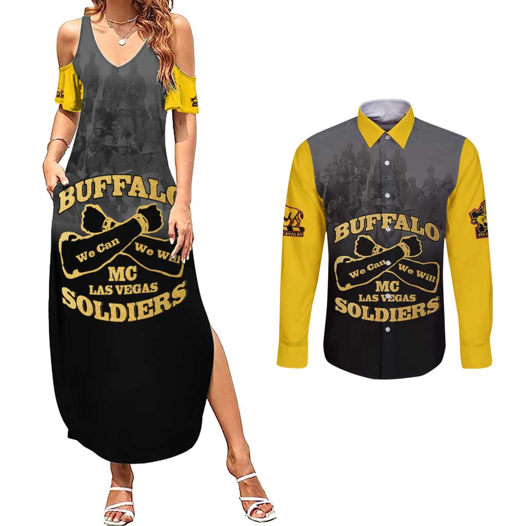 Personalized African American Buffalo Soldier Couples Matching Summer Maxi Dress and Long Sleeve Button Shirt We Can We Will - Black - Wonder Print Shop