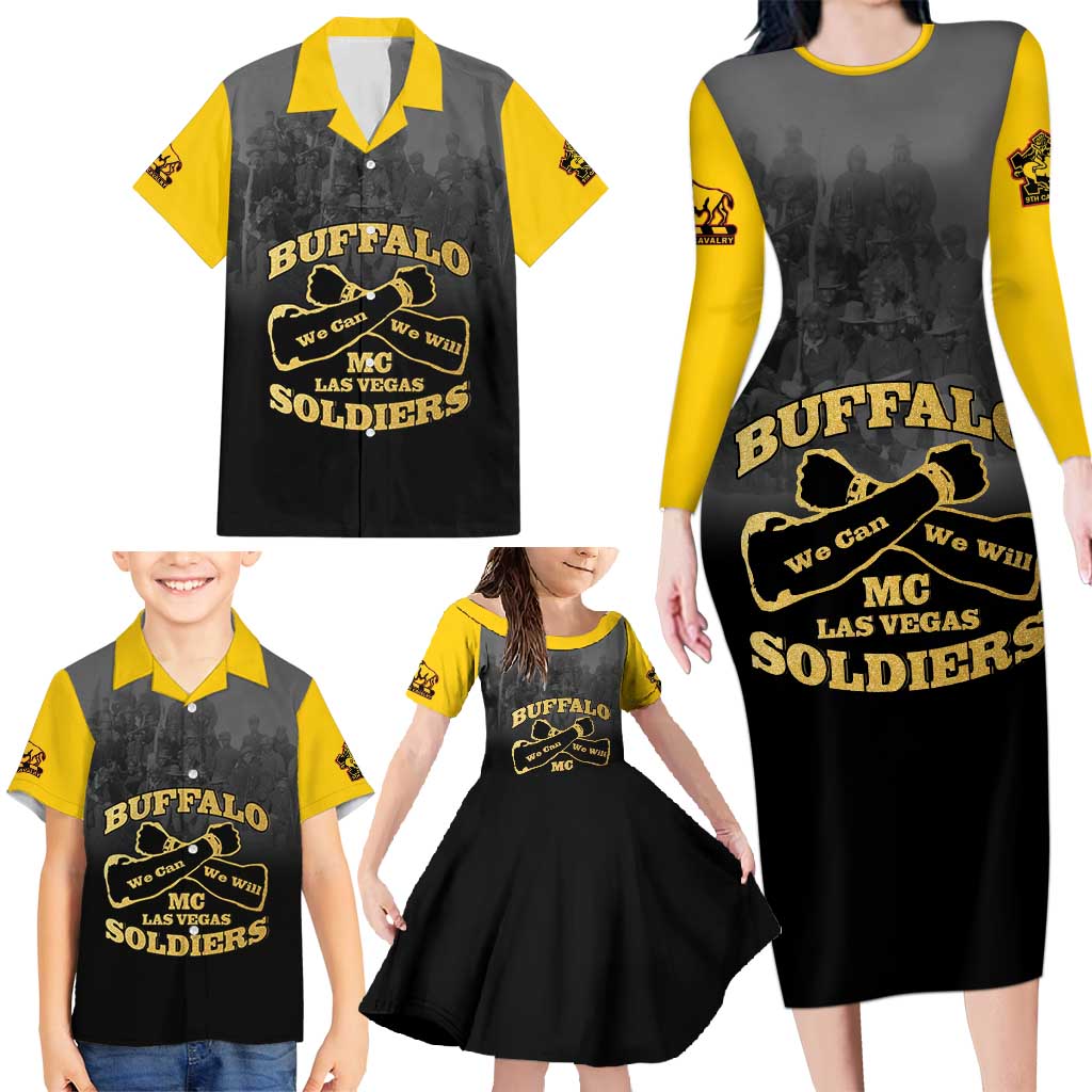 Personalized African American Buffalo Soldier Family Matching Long Sleeve Bodycon Dress and Hawaiian Shirt We Can We Will - Black - Wonder Print Shop