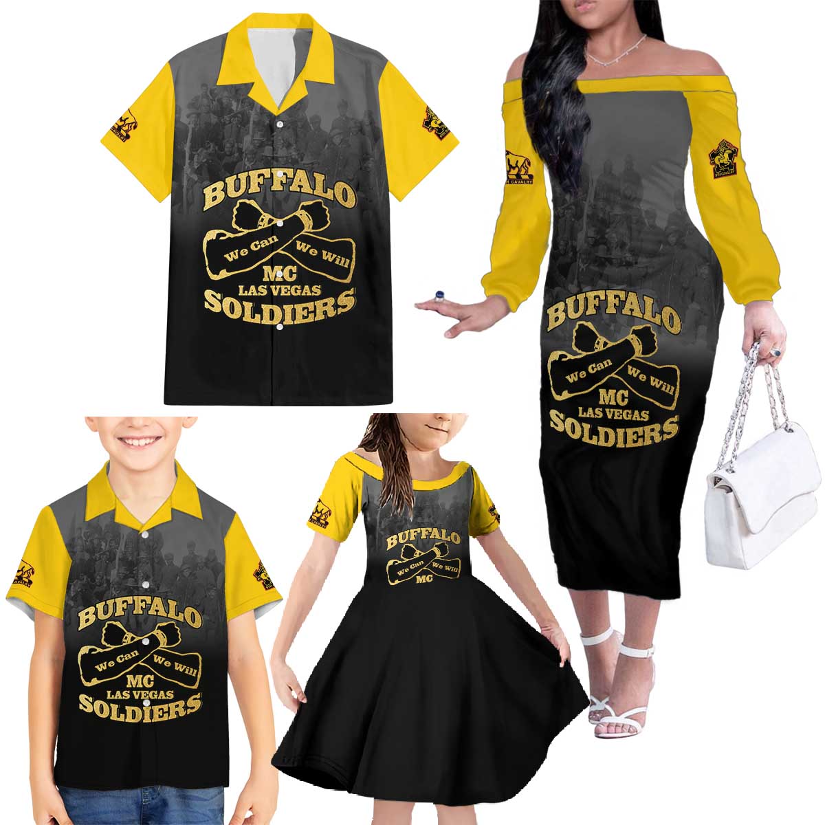 Personalized African American Buffalo Soldier Family Matching Off The Shoulder Long Sleeve Dress and Hawaiian Shirt We Can We Will - Black - Wonder Print Shop