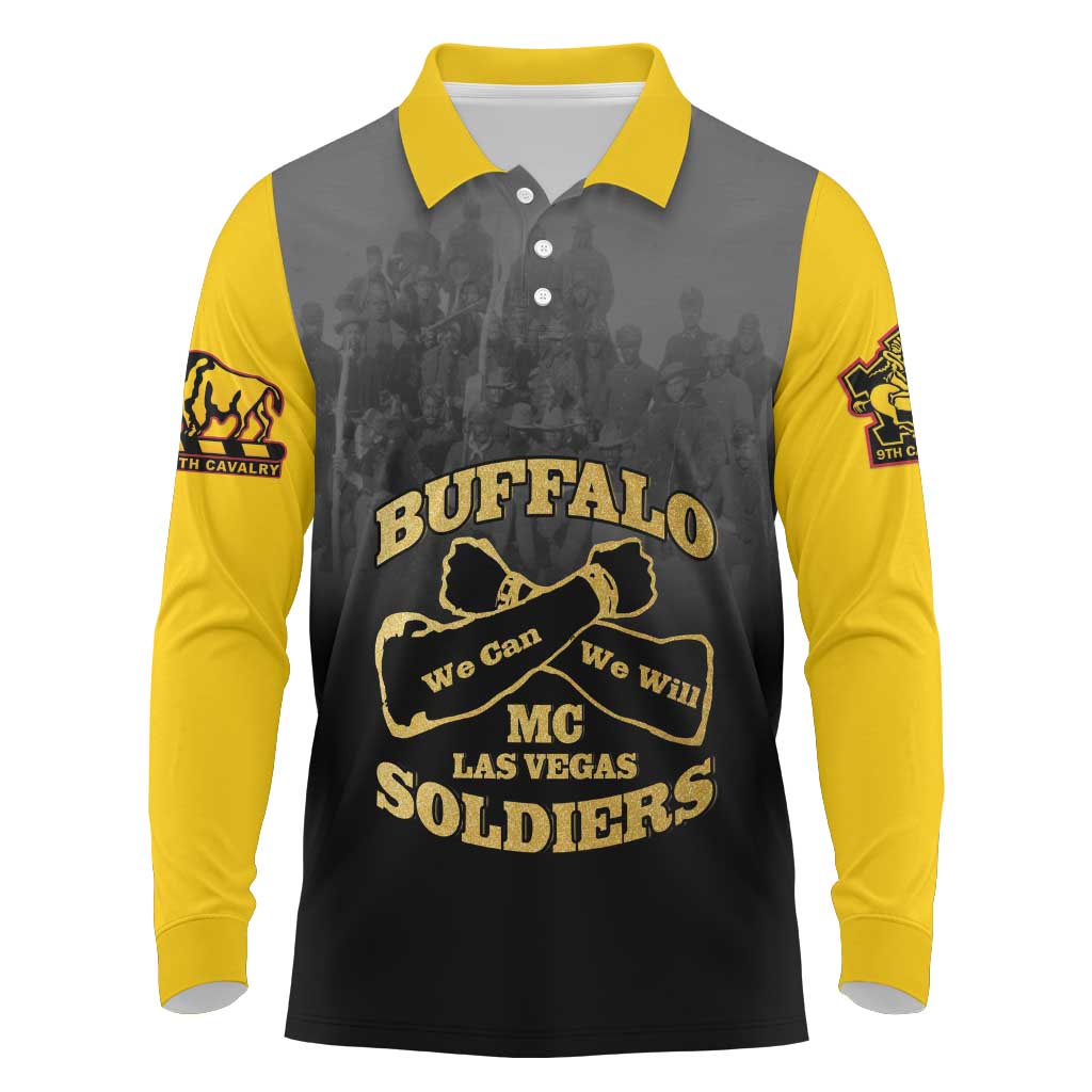 Personalized African American Buffalo Soldier Long Sleeve Polo Shirt We Can We Will - Black - Wonder Print Shop