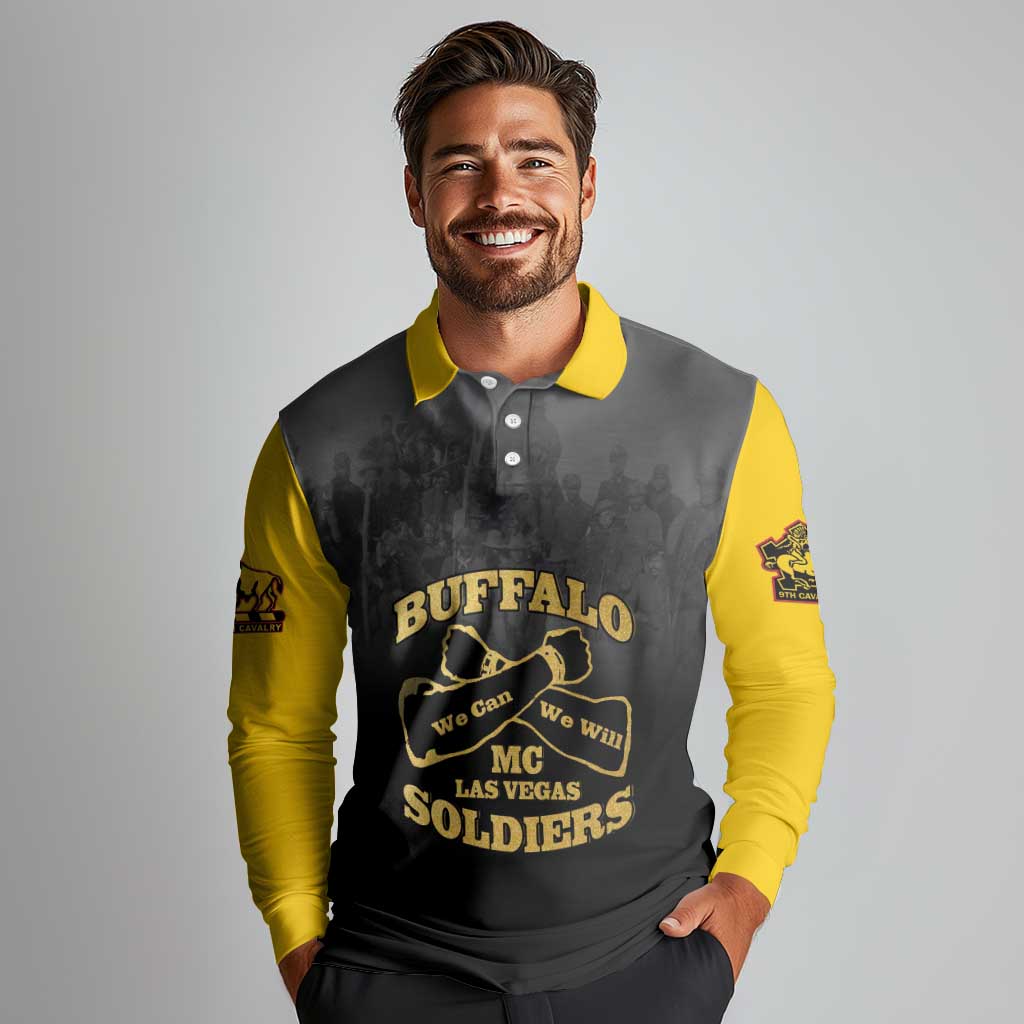 Personalized African American Buffalo Soldier Long Sleeve Polo Shirt We Can We Will - Black - Wonder Print Shop