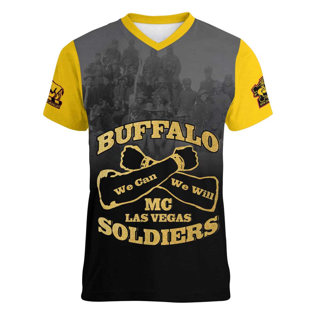 Personalized African American Buffalo Soldier Women V-Neck T-Shirt We Can We Will - Black - Wonder Print Shop