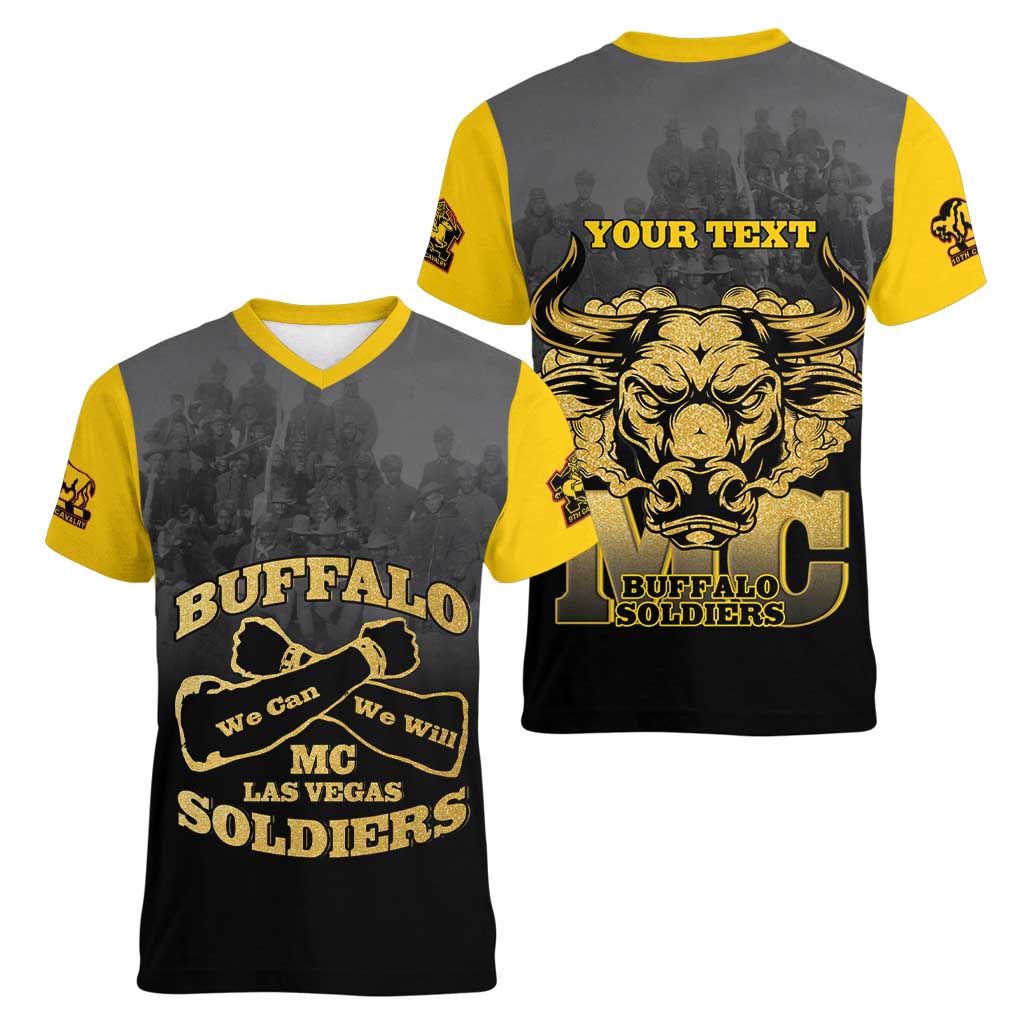 Personalized African American Buffalo Soldier Women V-Neck T-Shirt We Can We Will - Black - Wonder Print Shop