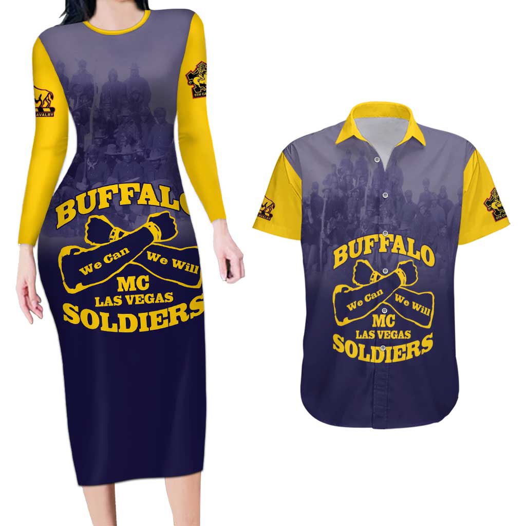 Personalized African American Buffalo Soldier Couples Matching Long Sleeve Bodycon Dress and Hawaiian Shirt We Can We Will - Navy Blue - Wonder Print Shop