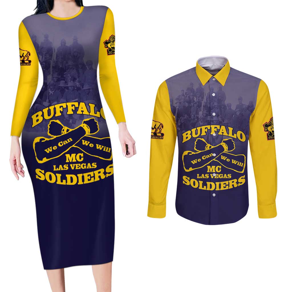 Personalized African American Buffalo Soldier Couples Matching Long Sleeve Bodycon Dress and Long Sleeve Button Shirt We Can We Will - Navy Blue - Wonder Print Shop
