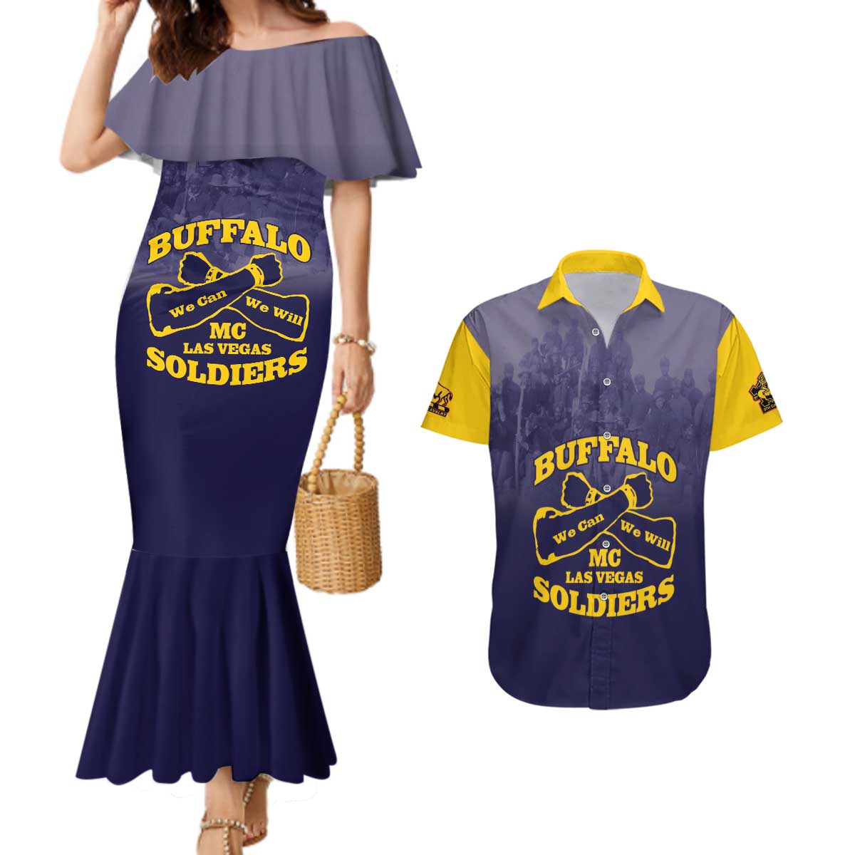 Personalized African American Buffalo Soldier Couples Matching Mermaid Dress and Hawaiian Shirt We Can We Will - Navy Blue - Wonder Print Shop