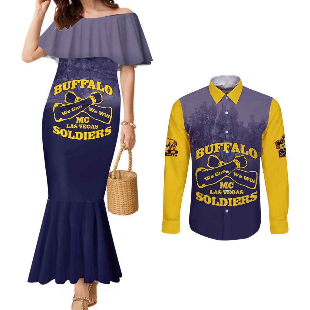 Personalized African American Buffalo Soldier Couples Matching Mermaid Dress and Long Sleeve Button Shirt We Can We Will - Navy Blue - Wonder Print Shop