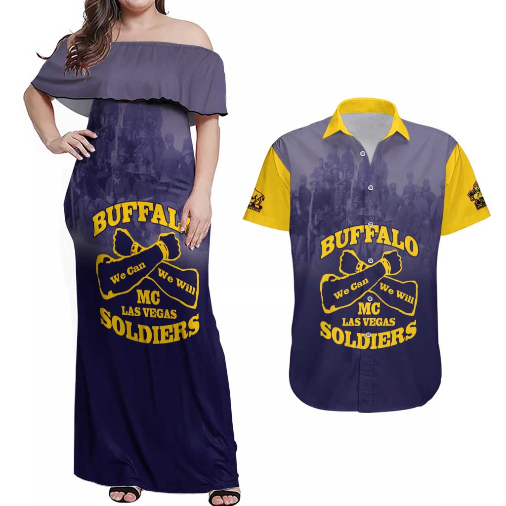 Personalized African American Buffalo Soldier Couples Matching Off Shoulder Maxi Dress and Hawaiian Shirt We Can We Will - Navy Blue - Wonder Print Shop