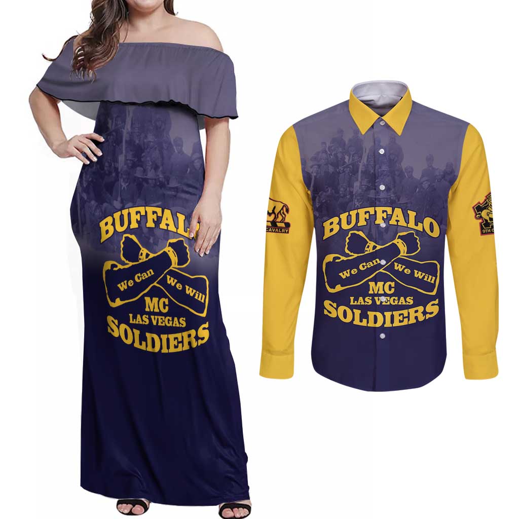 Personalized African American Buffalo Soldier Couples Matching Off Shoulder Maxi Dress and Long Sleeve Button Shirt We Can We Will - Navy Blue - Wonder Print Shop