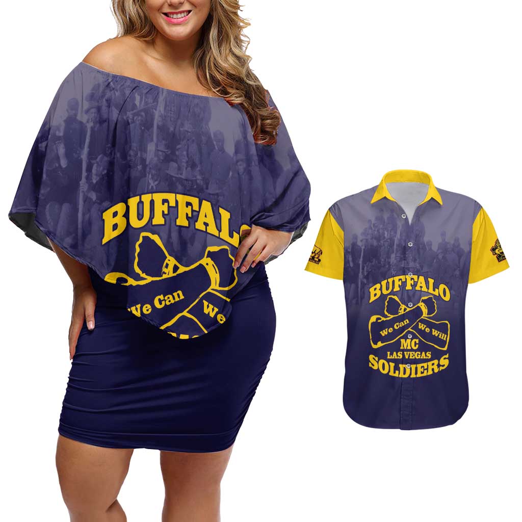 Personalized African American Buffalo Soldier Couples Matching Off Shoulder Short Dress and Hawaiian Shirt We Can We Will - Navy Blue - Wonder Print Shop