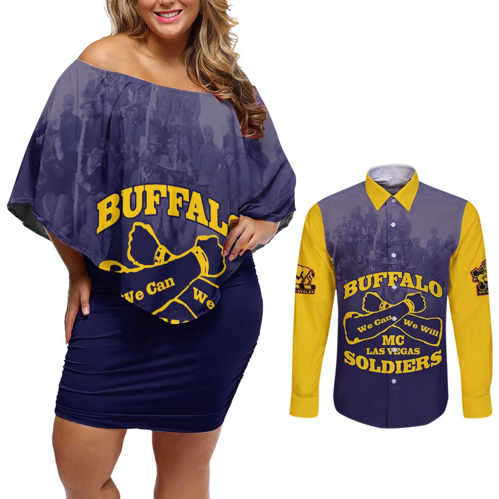 Personalized African American Buffalo Soldier Couples Matching Off Shoulder Short Dress and Long Sleeve Button Shirt We Can We Will - Navy Blue - Wonder Print Shop