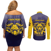 Personalized African American Buffalo Soldier Couples Matching Off Shoulder Short Dress and Long Sleeve Button Shirt We Can We Will - Navy Blue - Wonder Print Shop