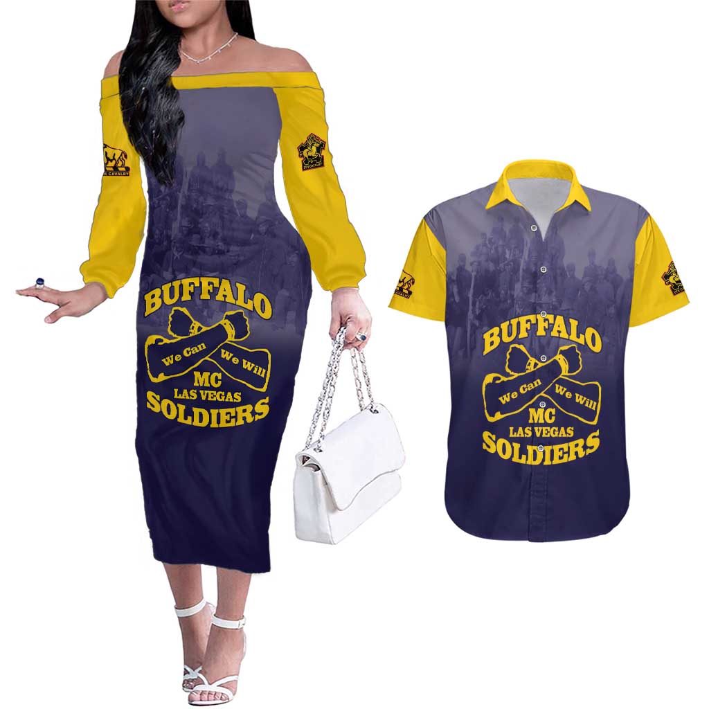 Personalized African American Buffalo Soldier Couples Matching Off The Shoulder Long Sleeve Dress and Hawaiian Shirt We Can We Will - Navy Blue - Wonder Print Shop