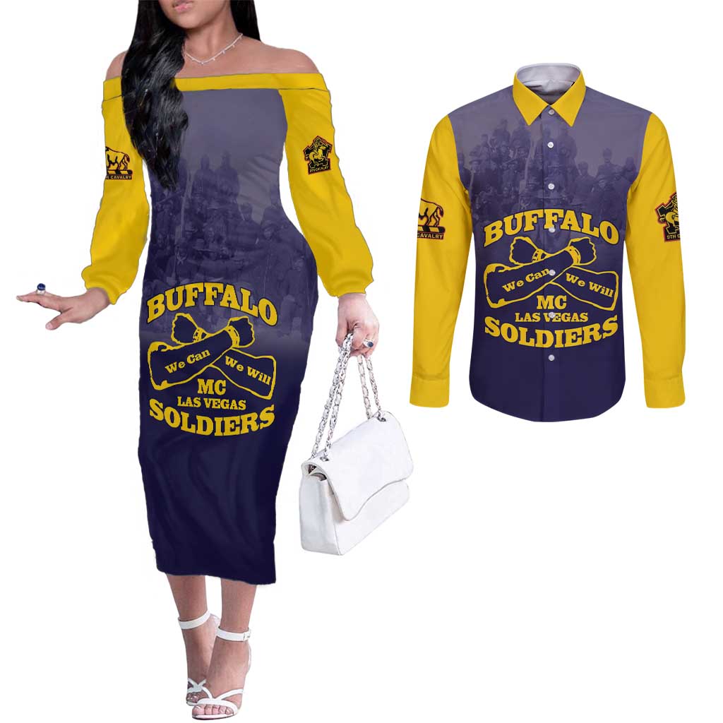 Personalized African American Buffalo Soldier Couples Matching Off The Shoulder Long Sleeve Dress and Long Sleeve Button Shirt We Can We Will - Navy Blue - Wonder Print Shop