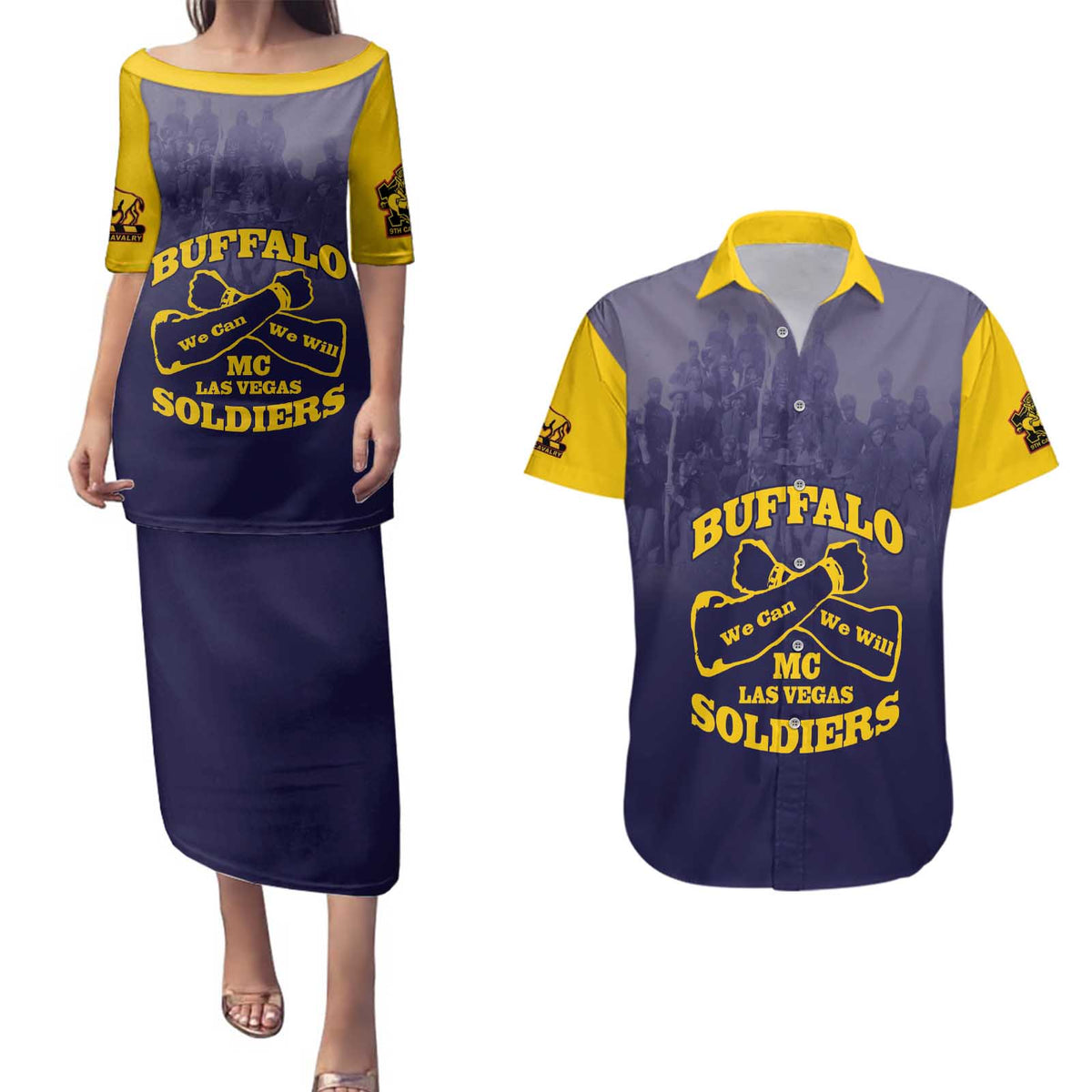 Personalized African American Buffalo Soldier Couples Matching Puletasi and Hawaiian Shirt We Can We Will - Navy Blue - Wonder Print Shop
