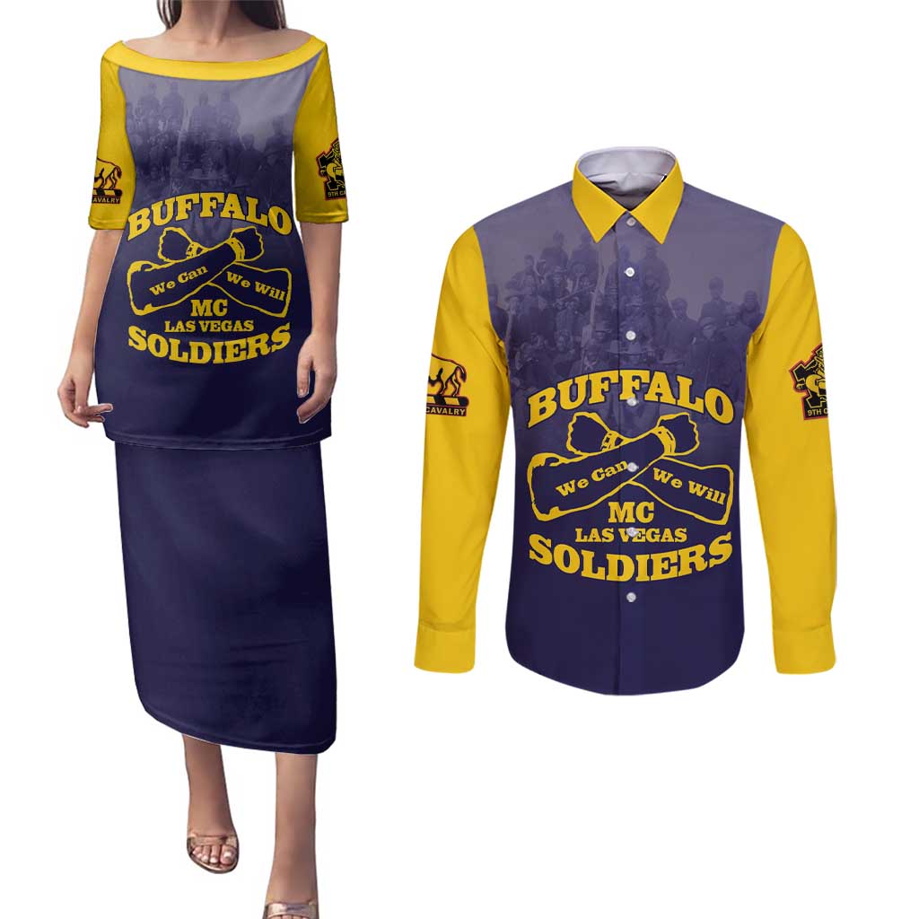 Personalized African American Buffalo Soldier Couples Matching Puletasi and Long Sleeve Button Shirt We Can We Will - Navy Blue - Wonder Print Shop