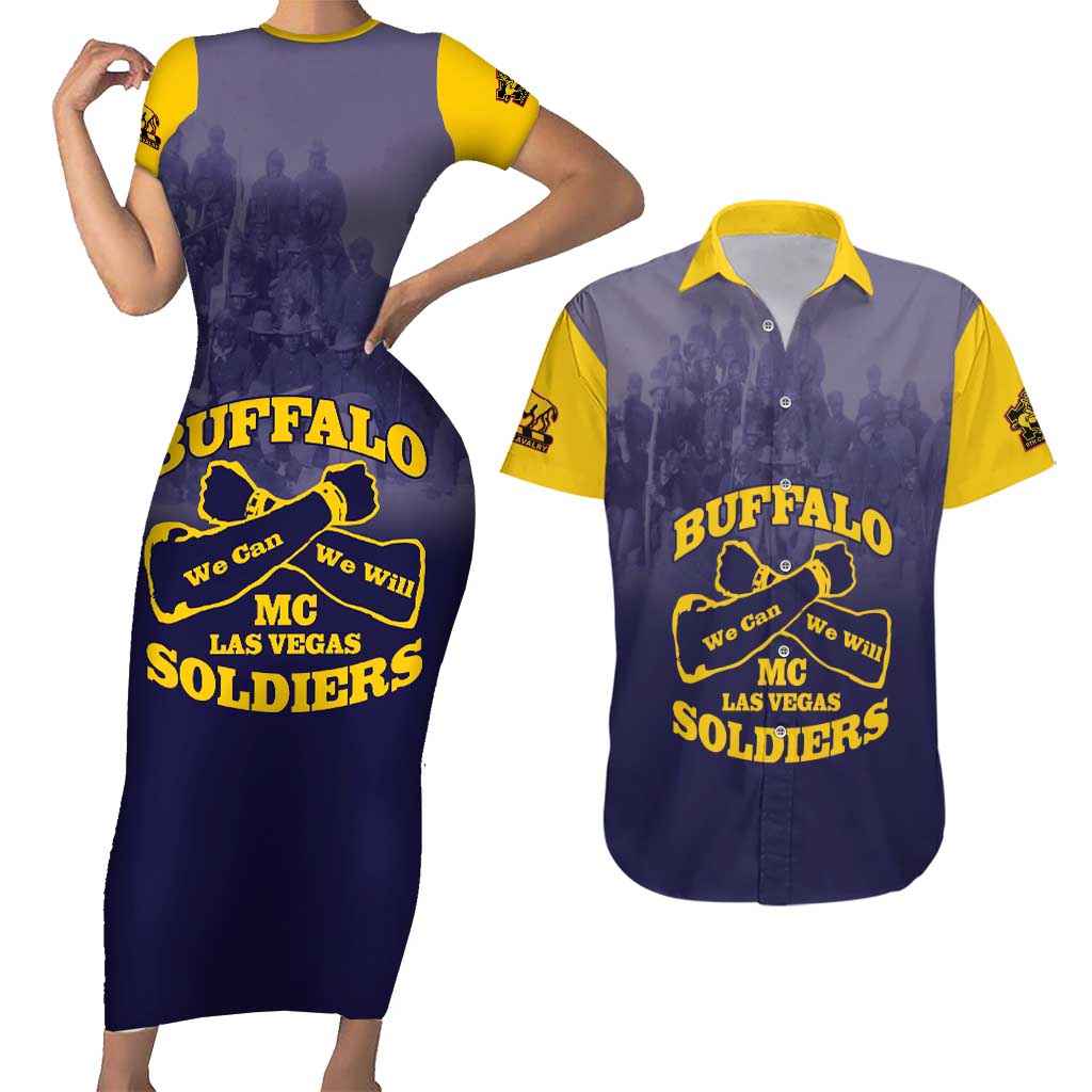 Personalized African American Buffalo Soldier Couples Matching Short Sleeve Bodycon Dress and Hawaiian Shirt We Can We Will - Navy Blue - Wonder Print Shop