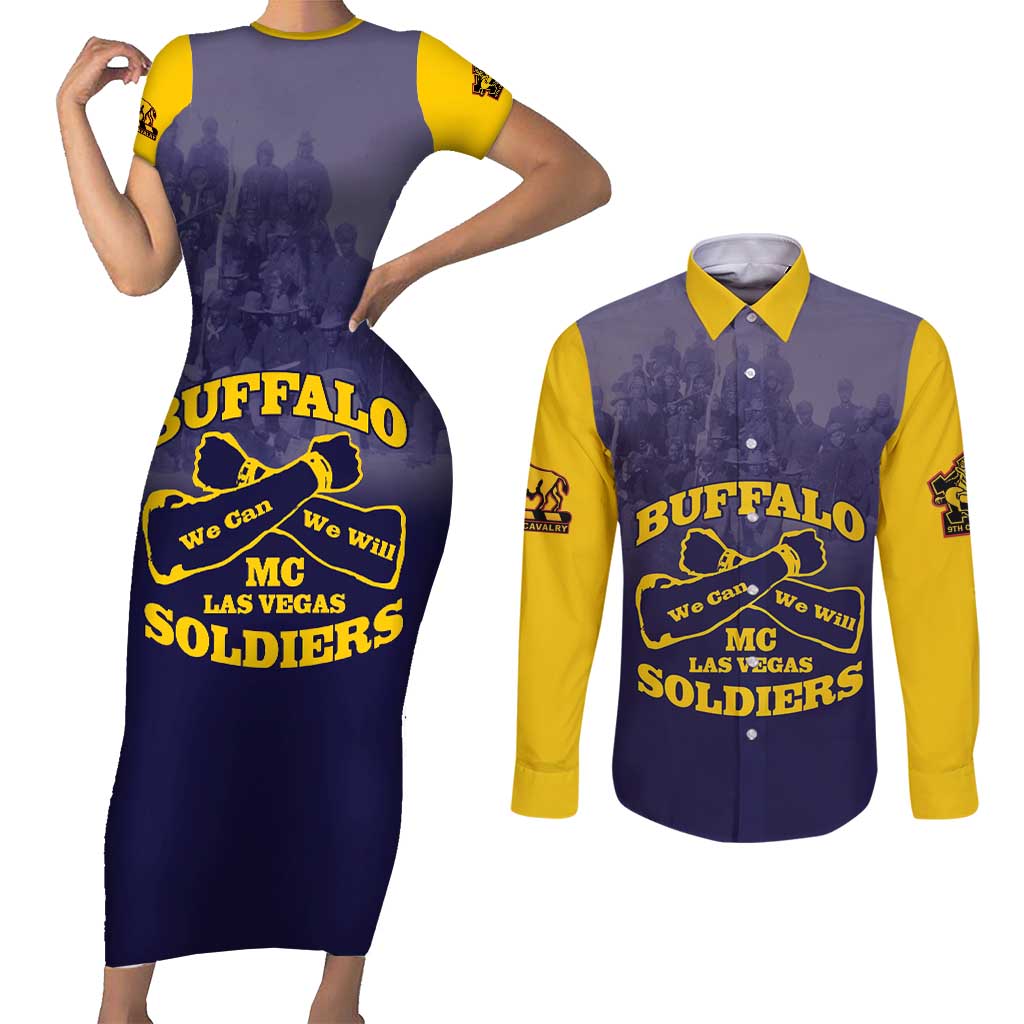 Personalized African American Buffalo Soldier Couples Matching Short Sleeve Bodycon Dress and Long Sleeve Button Shirt We Can We Will - Navy Blue - Wonder Print Shop