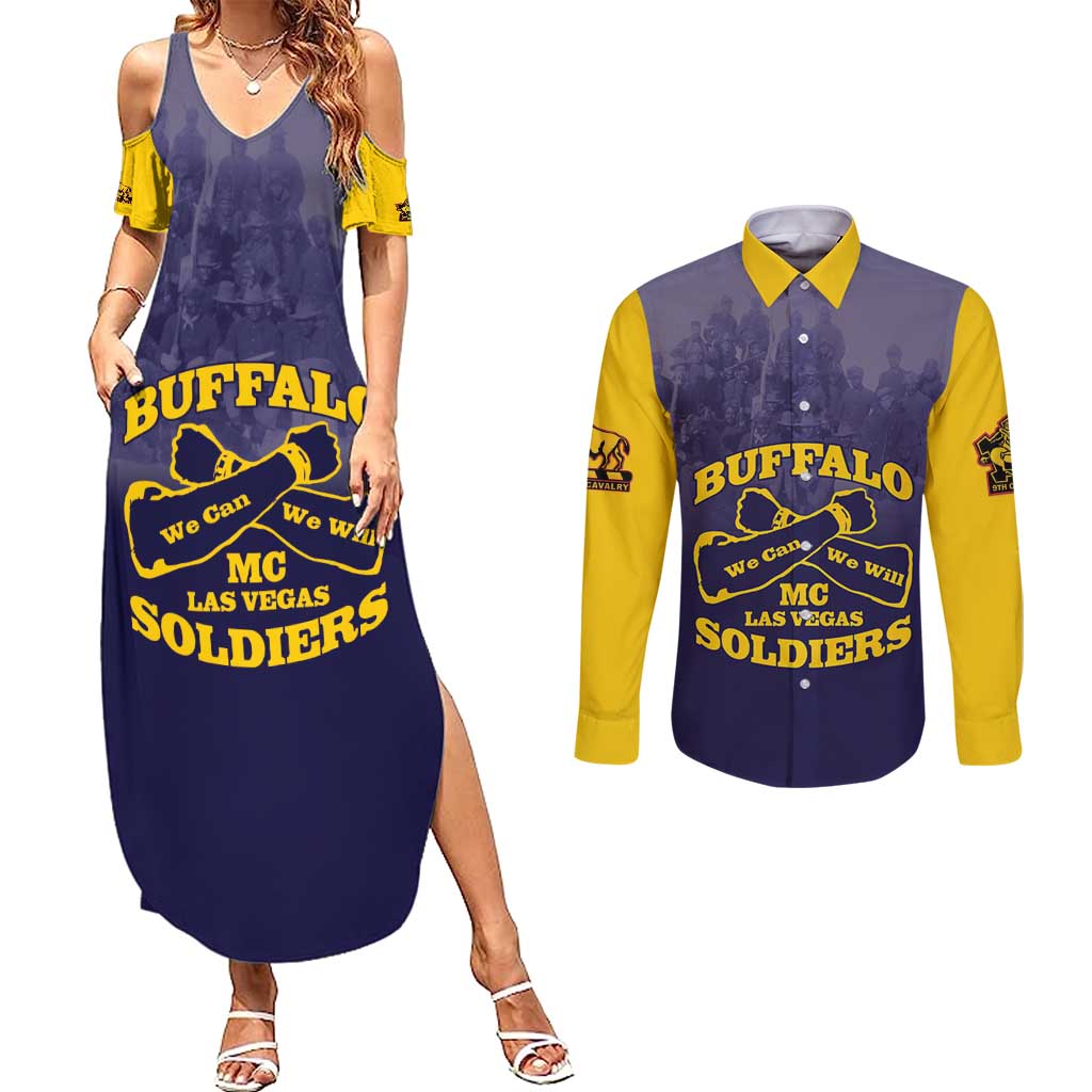 Personalized African American Buffalo Soldier Couples Matching Summer Maxi Dress and Long Sleeve Button Shirt We Can We Will - Navy Blue - Wonder Print Shop