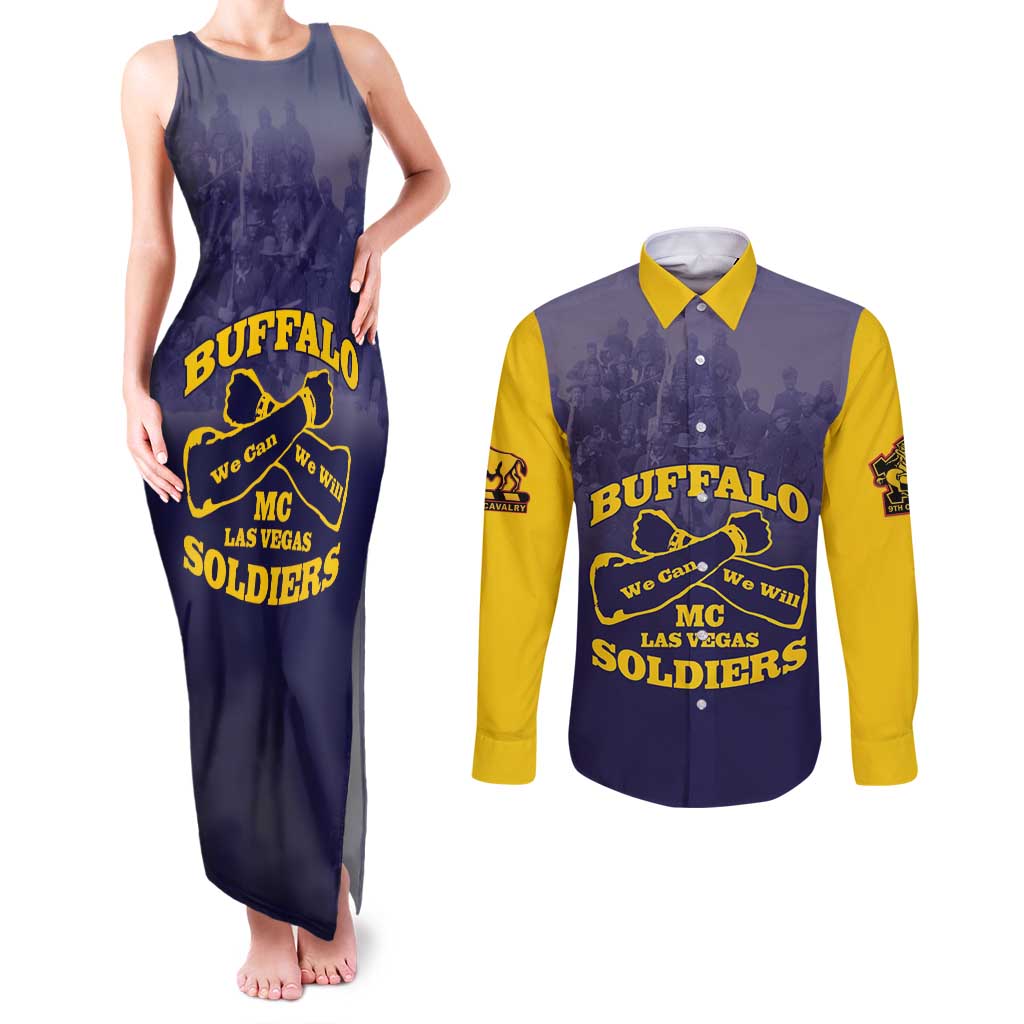 Personalized African American Buffalo Soldier Couples Matching Tank Maxi Dress and Long Sleeve Button Shirt We Can We Will - Navy Blue - Wonder Print Shop