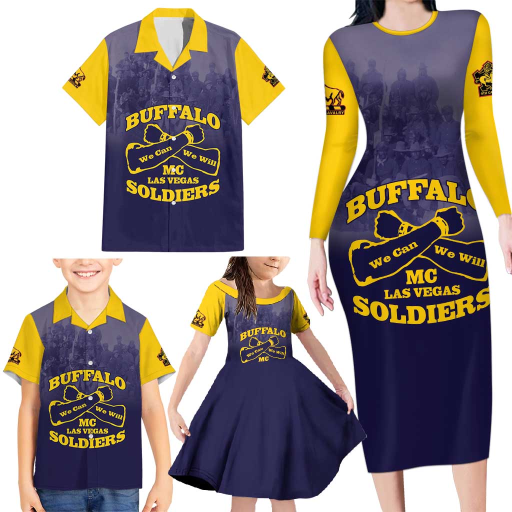 Personalized African American Buffalo Soldier Family Matching Long Sleeve Bodycon Dress and Hawaiian Shirt We Can We Will - Navy Blue - Wonder Print Shop