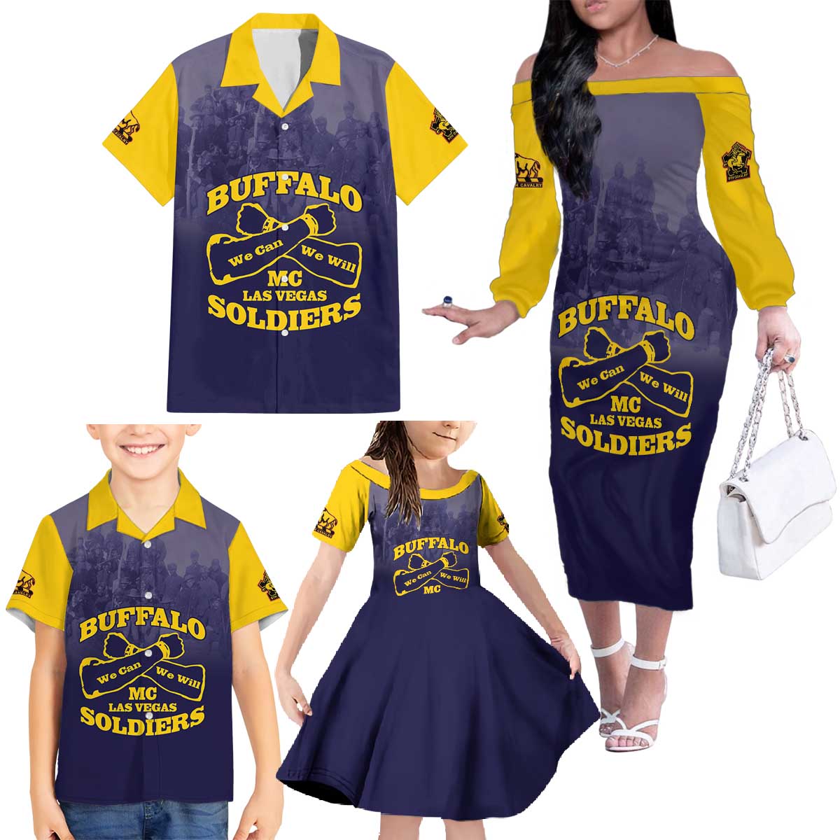 Personalized African American Buffalo Soldier Family Matching Off The Shoulder Long Sleeve Dress and Hawaiian Shirt We Can We Will - Navy Blue - Wonder Print Shop