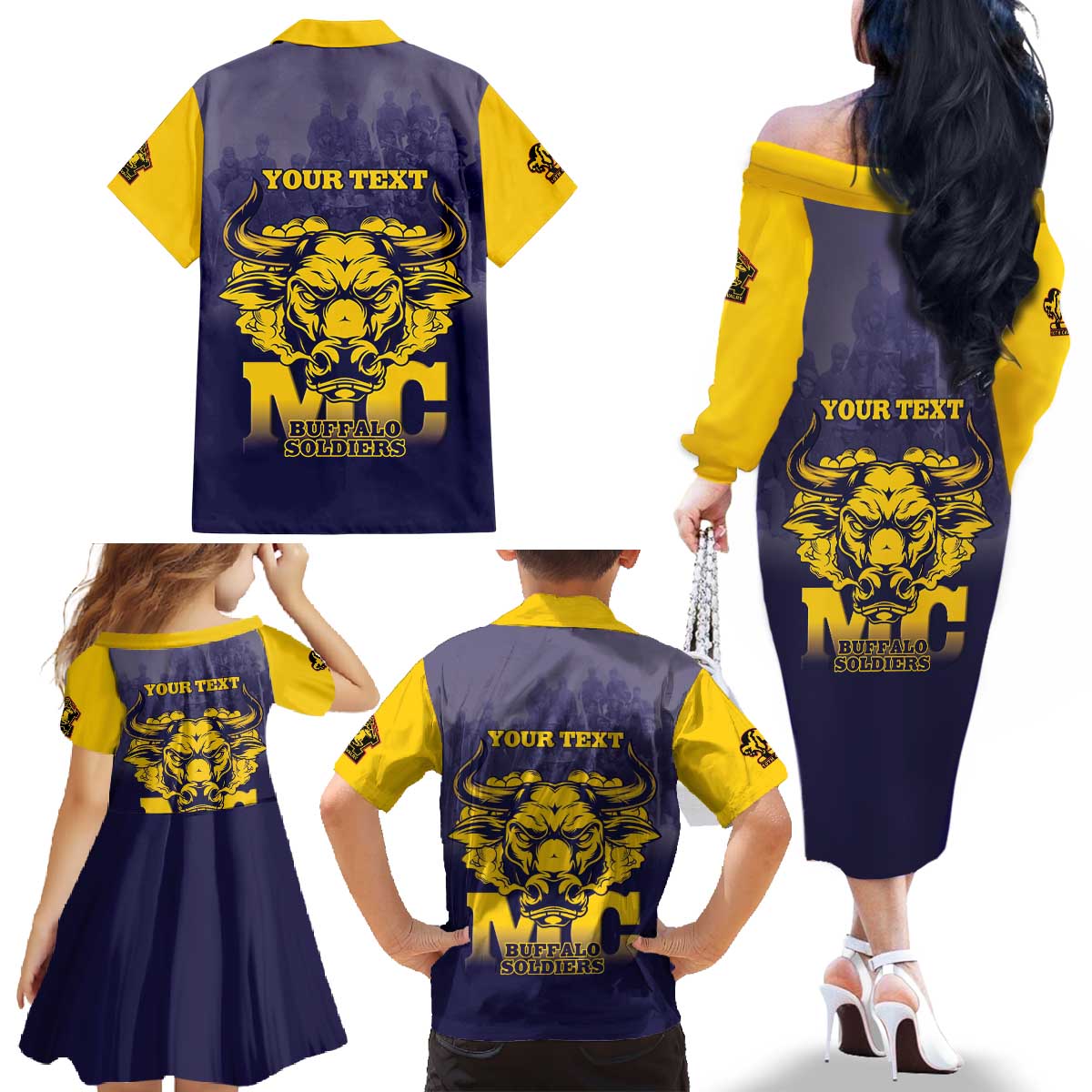 Personalized African American Buffalo Soldier Family Matching Off The Shoulder Long Sleeve Dress and Hawaiian Shirt We Can We Will - Navy Blue - Wonder Print Shop