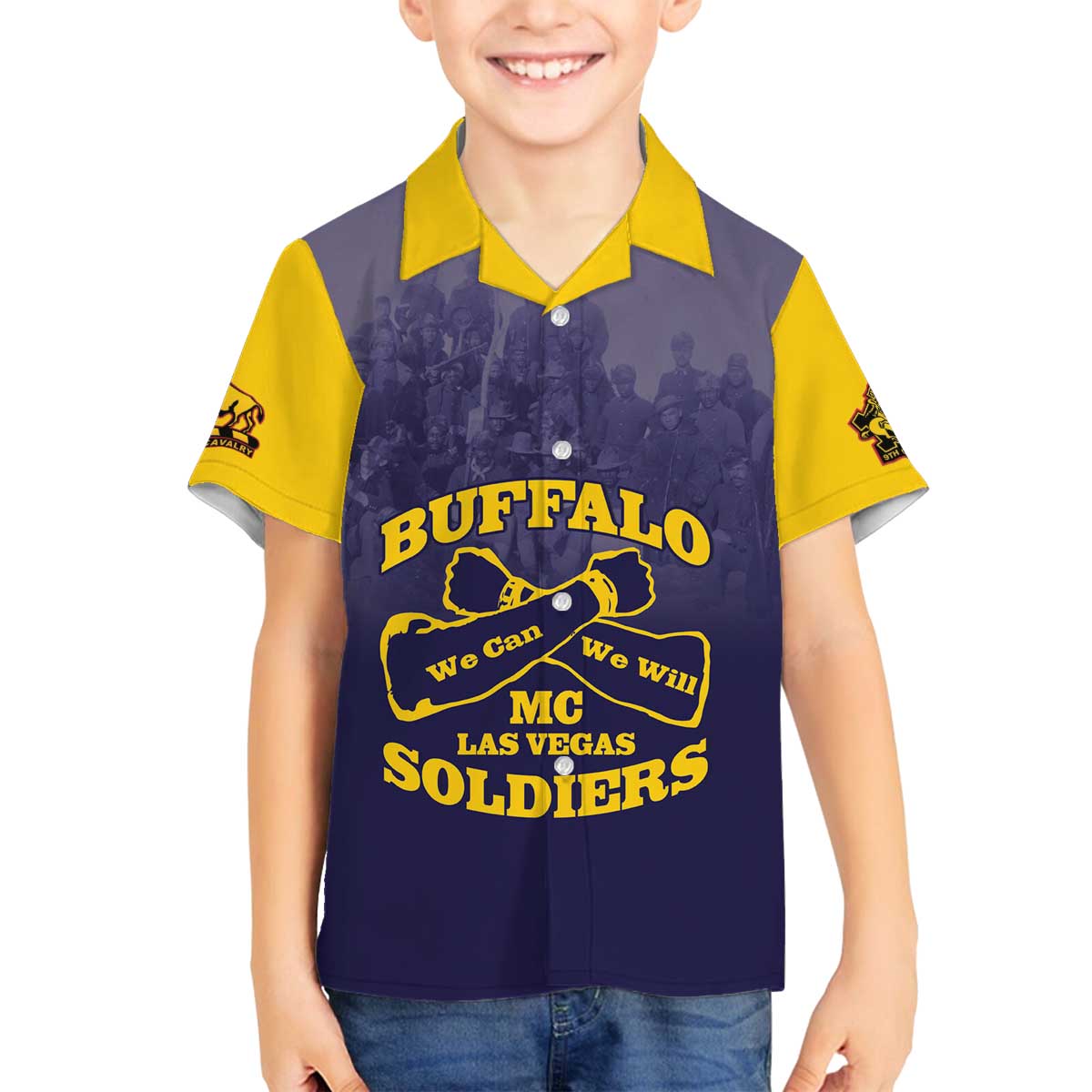 Personalized African American Buffalo Soldier Family Matching Off The Shoulder Long Sleeve Dress and Hawaiian Shirt We Can We Will - Navy Blue - Wonder Print Shop