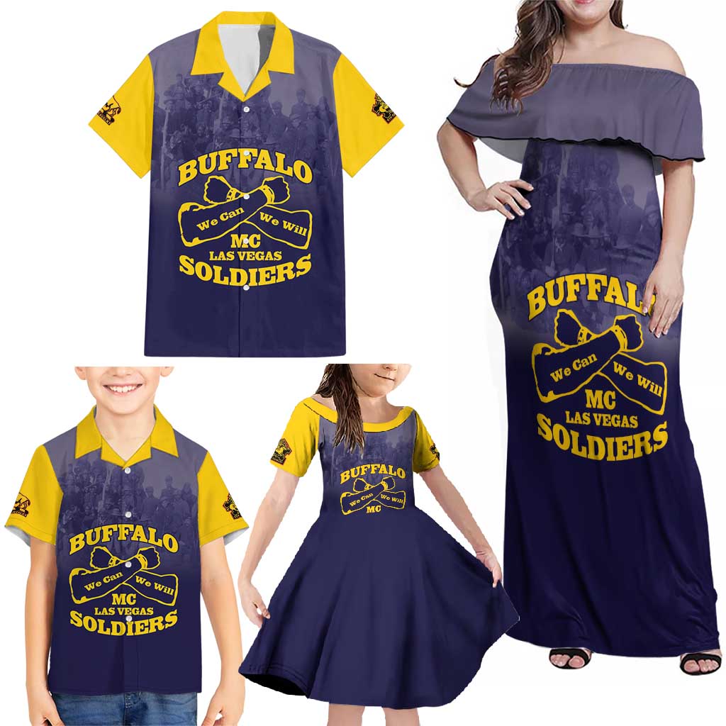 Personalized African American Buffalo Soldier Family Matching Off Shoulder Maxi Dress and Hawaiian Shirt We Can We Will - Navy Blue - Wonder Print Shop