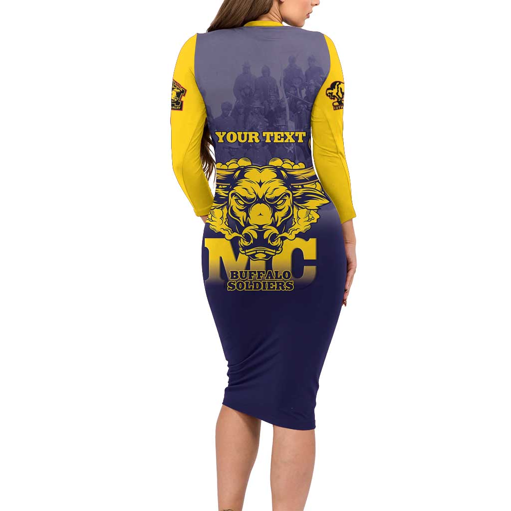Personalized African American Buffalo Soldier Long Sleeve Bodycon Dress We Can We Will - Navy Blue - Wonder Print Shop
