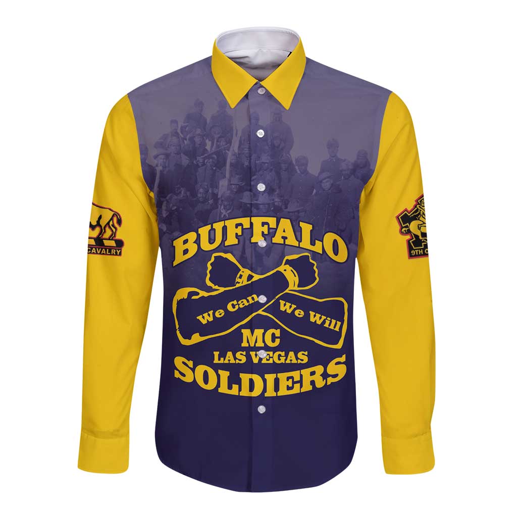 Personalized African American Buffalo Soldier Long Sleeve Button Shirt We Can We Will - Navy Blue - Wonder Print Shop