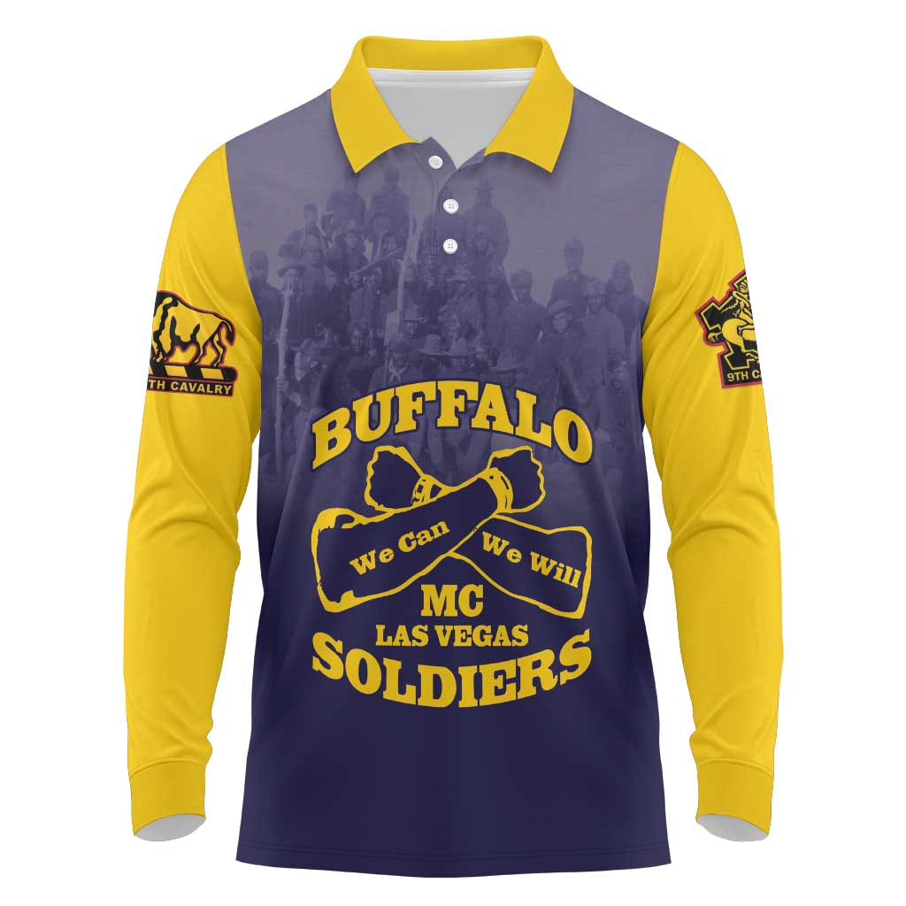 Personalized African American Buffalo Soldier Long Sleeve Polo Shirt We Can We Will - Navy Blue - Wonder Print Shop