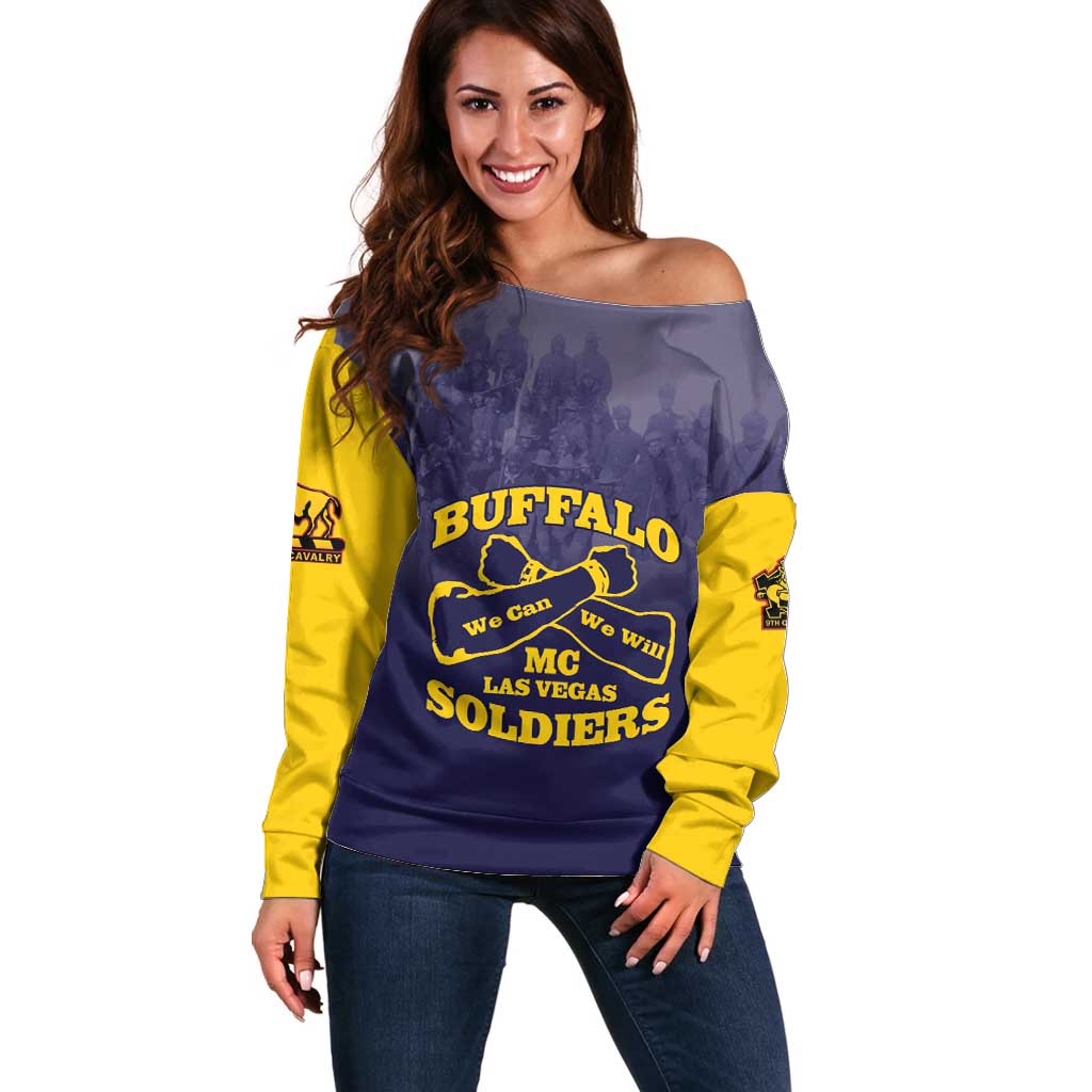 Personalized African American Buffalo Soldier Off Shoulder Sweater We Can We Will - Navy Blue - Wonder Print Shop