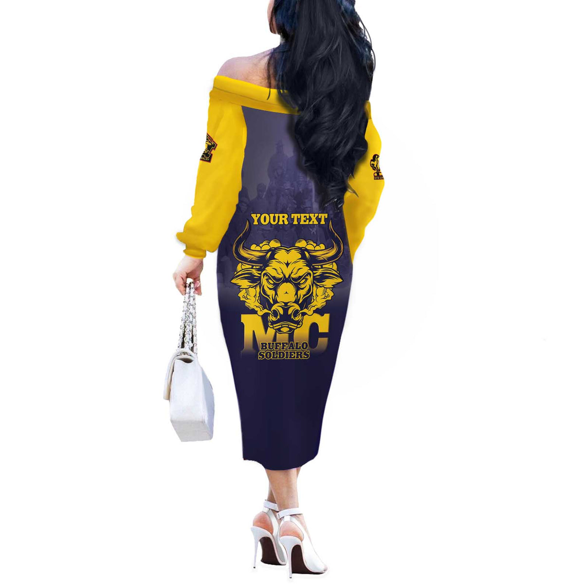 Personalized African American Buffalo Soldier Off The Shoulder Long Sleeve Dress We Can We Will - Navy Blue - Wonder Print Shop