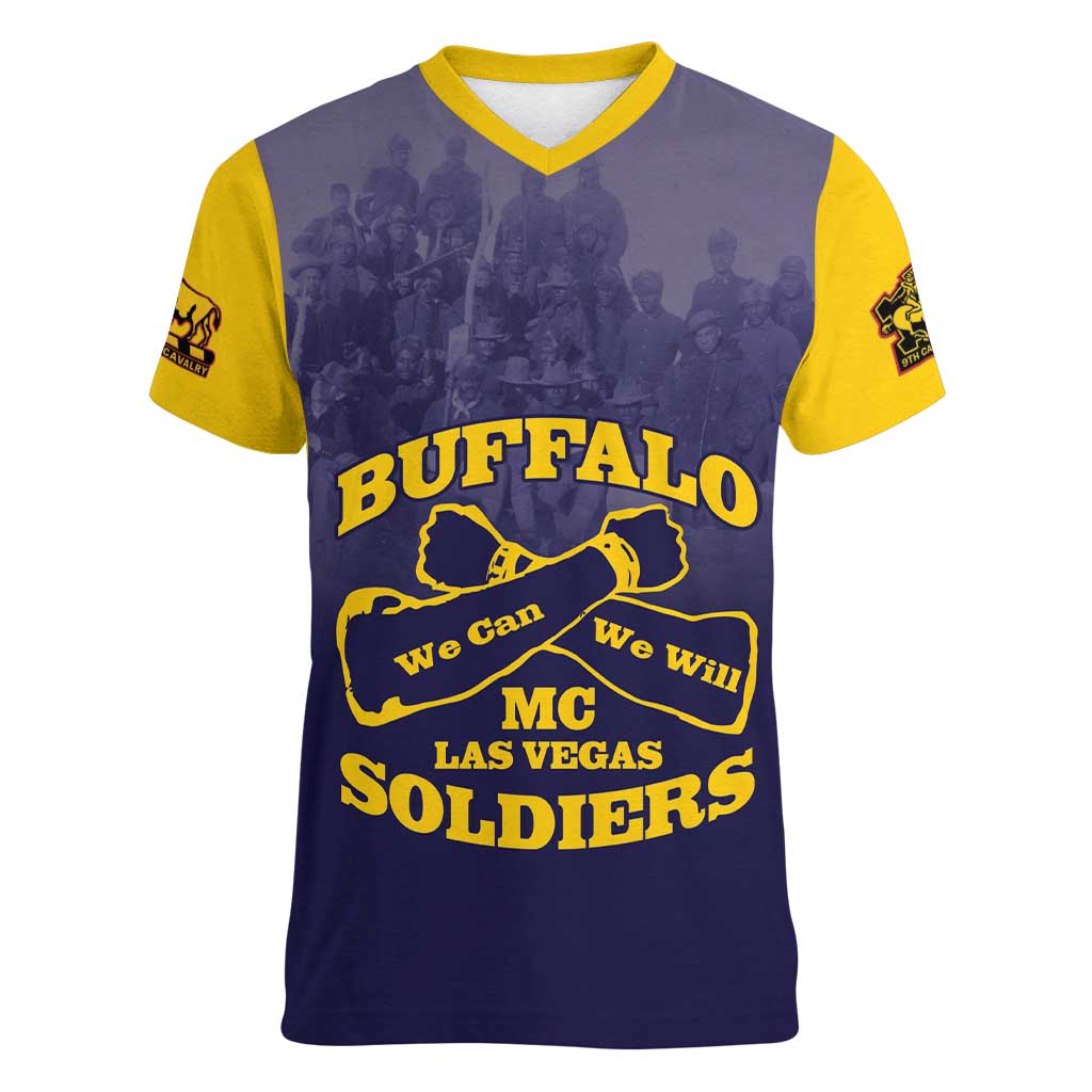 Personalized African American Buffalo Soldier Women V-Neck T-Shirt We Can We Will - Navy Blue - Wonder Print Shop