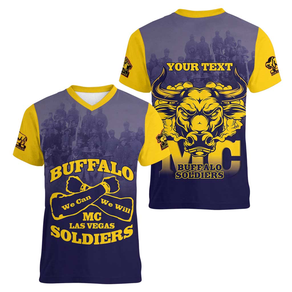 Personalized African American Buffalo Soldier Women V-Neck T-Shirt We Can We Will - Navy Blue - Wonder Print Shop