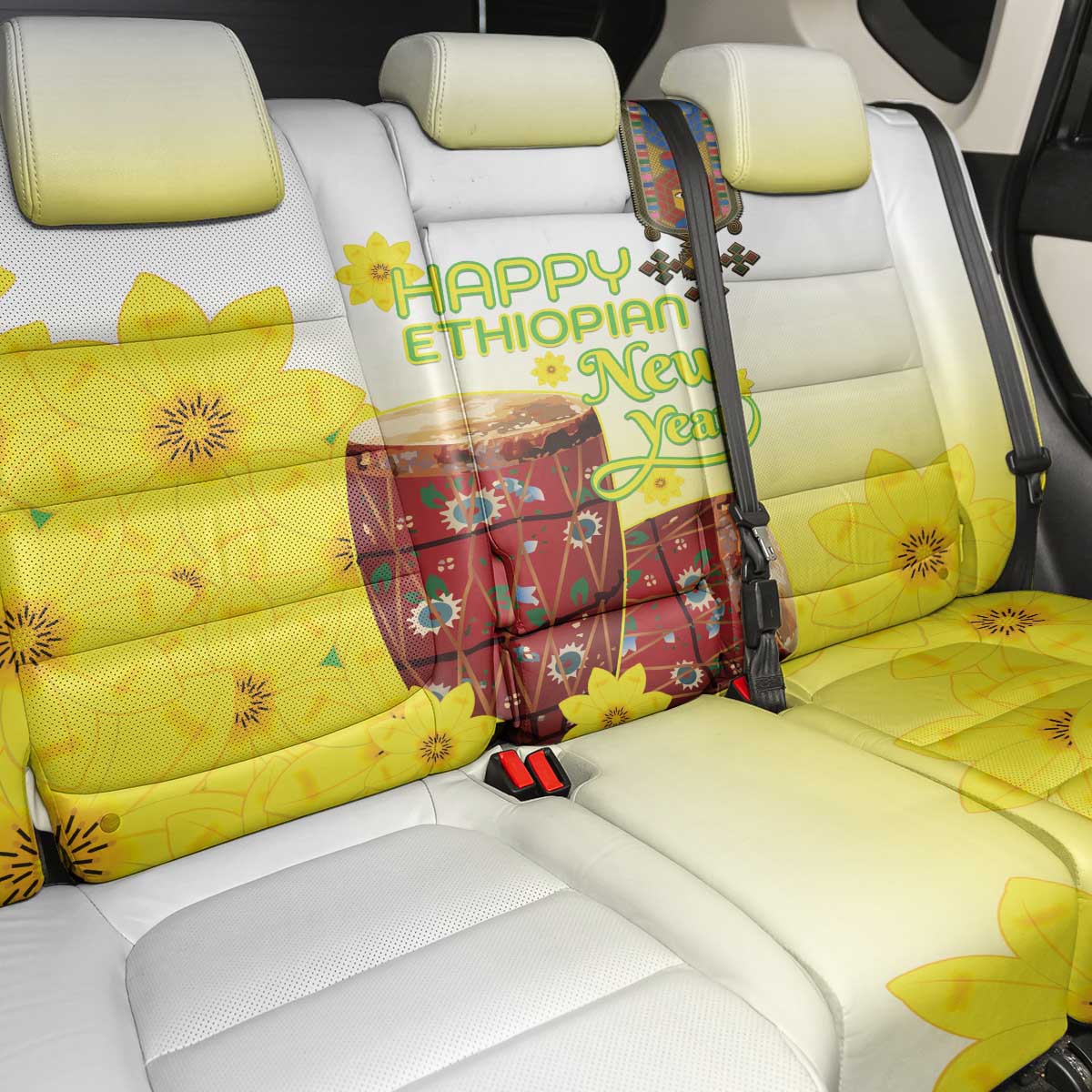 Ethiopian Enkutatash Back Car Seat Cover Kebero Drum With Adey Abeba Flower - Wonder Print Shop
